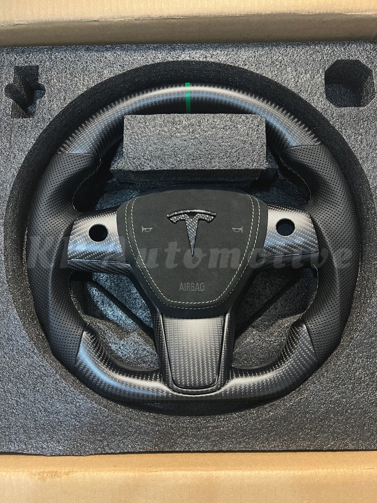 Model Y Matte Carbon Fiber Steering Wheel (Perforated Leather) - Full Set